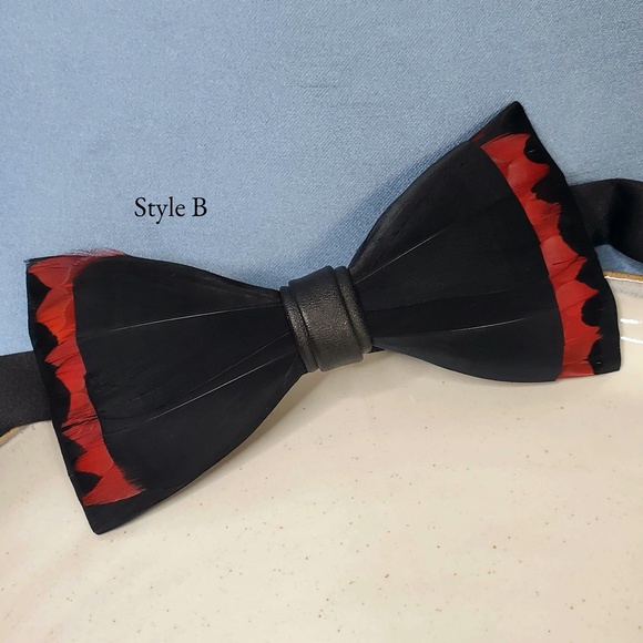 NEW Black Red Modern Groom Natural Multi layer Feather Evening Bow Tie - Picture 3 of 6